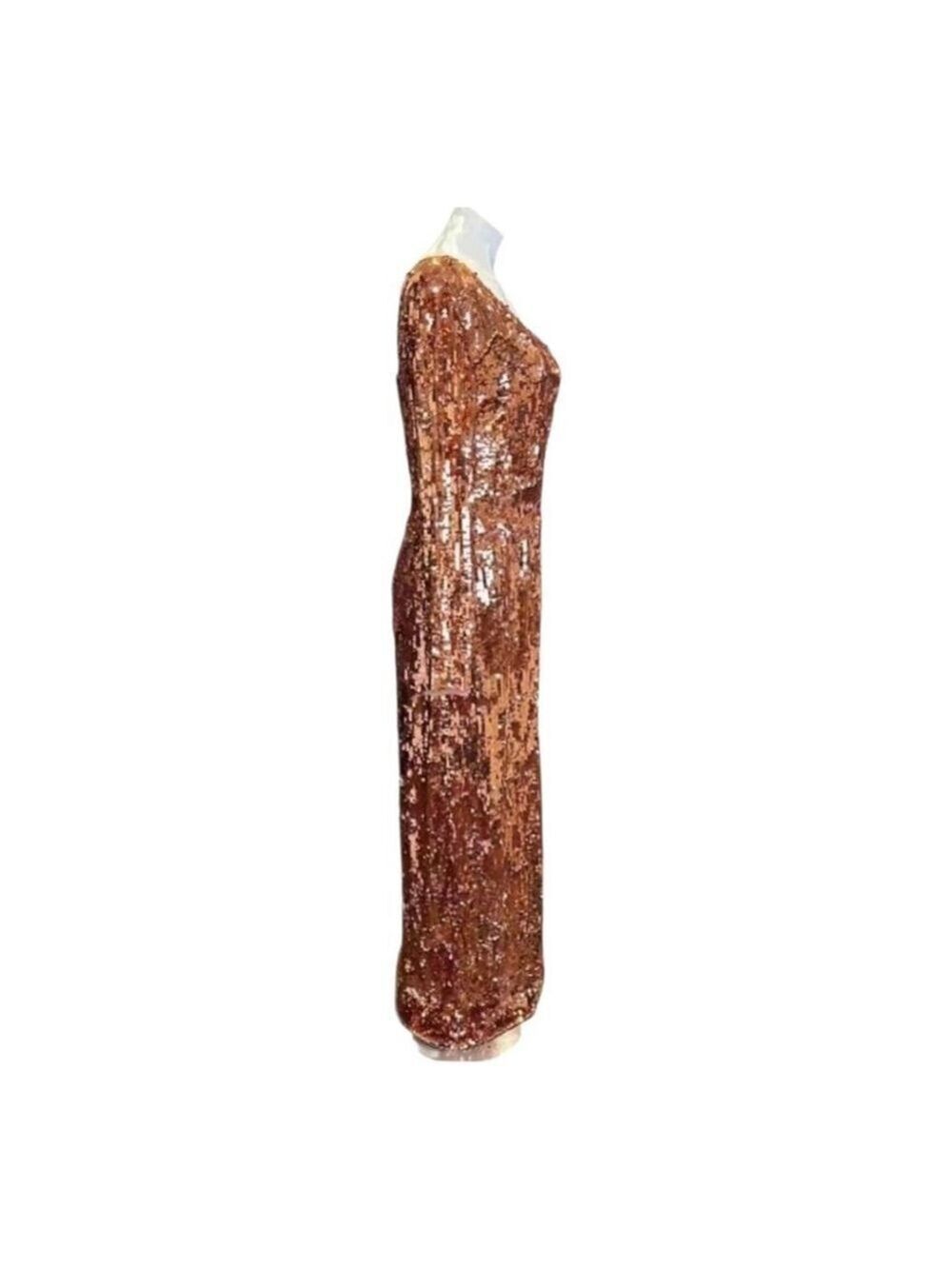 Mac Duggal Cognac Gold Sequin One-Shoulder Gown Size 8 - Picture 5 of 11
